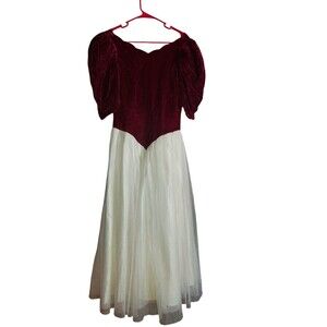 80s Vintage Red Wine Velvet Half Sleeve Victorian Puff Shoulder Party Ball Dress